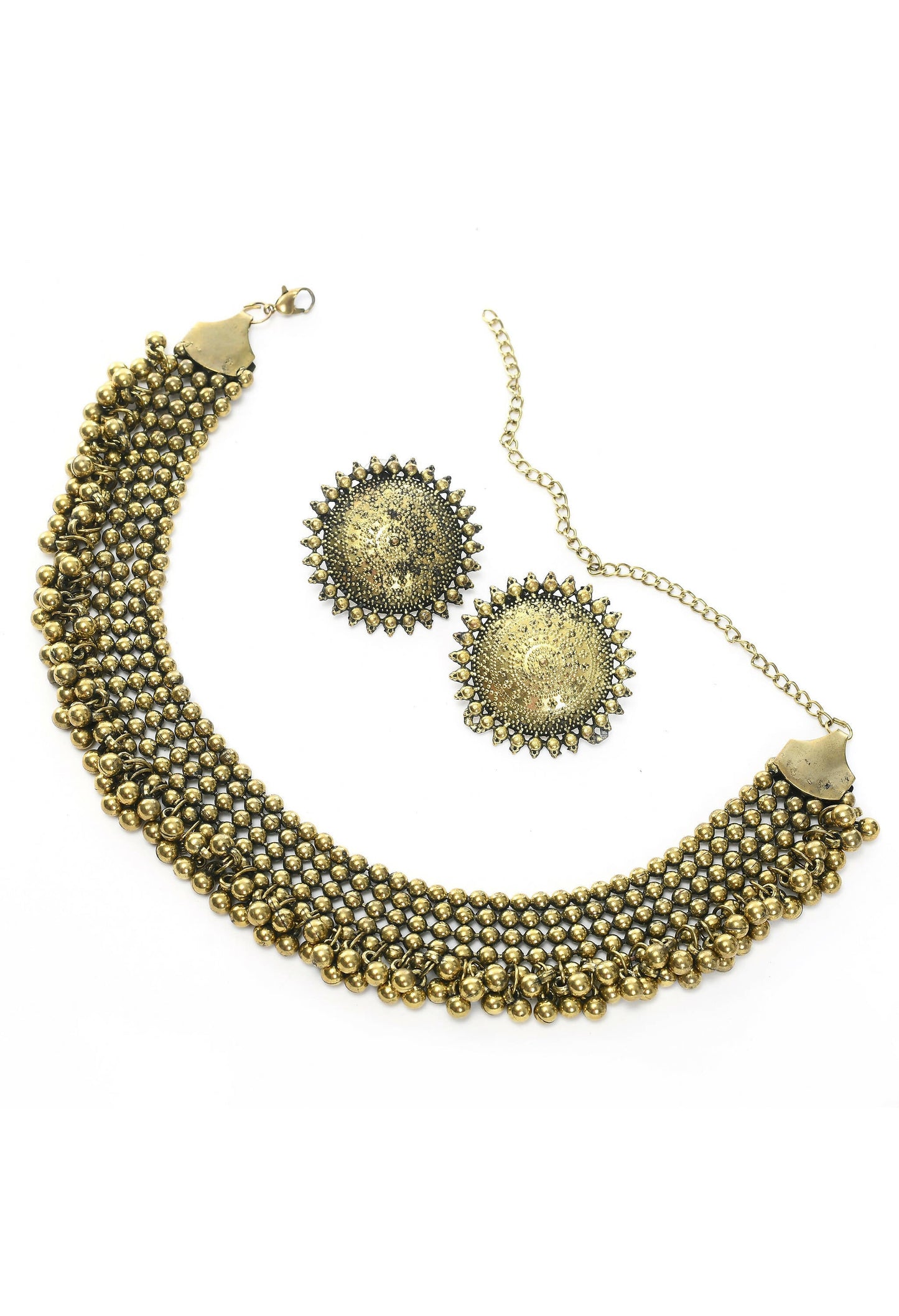 Mominos Fashion Johar Kamal Oxidised Gold-Polished Brass Finish Ghungroo Design Choker Set