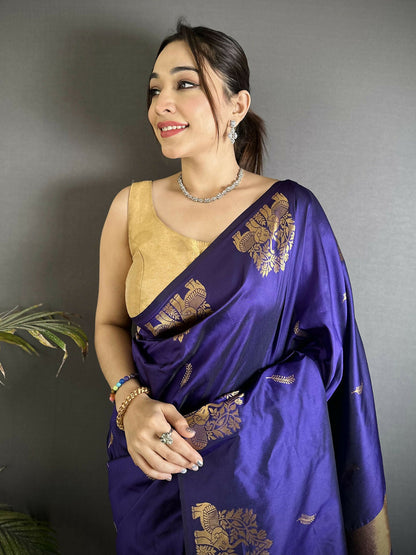Joban Fashion Violet Motifs Zari Weaving Soft Silk Banarasi Saree