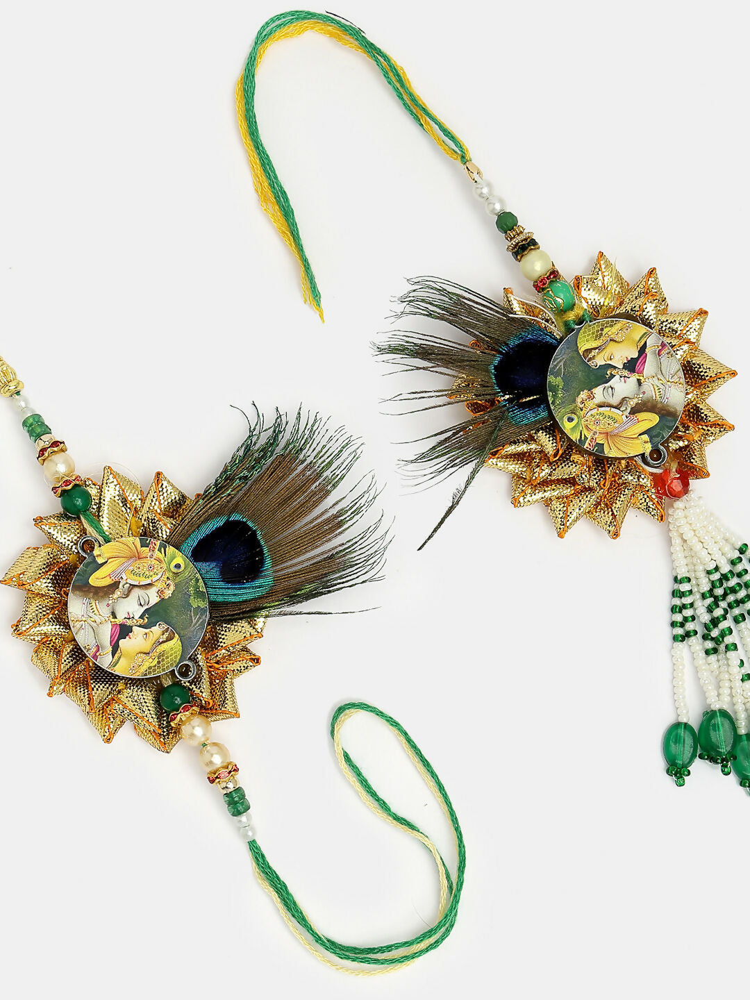 NVR Women & Men Set of 2 Green Radha Krishna Beaded Bhaiya Bhabhi Rakhi With Roli Chawal & Chocolate
