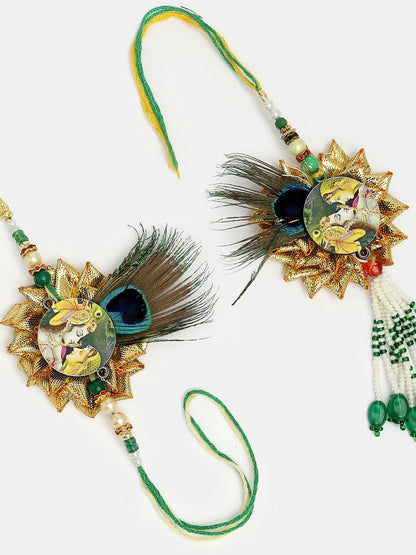 NVR Women & Men Set of 2 Green Radha Krishna Beaded Bhaiya Bhabhi Rakhi With Roli Chawal & Chocolate