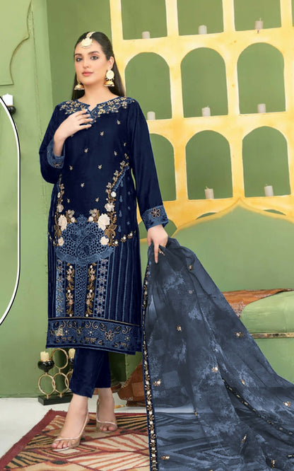 Anaita Navy Blue Velvet Suit with Embroidery Sequence Work