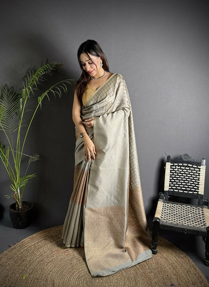 Joban Fashion Grey Banarasi Soft Lichi Silk Checks & Woven Saree