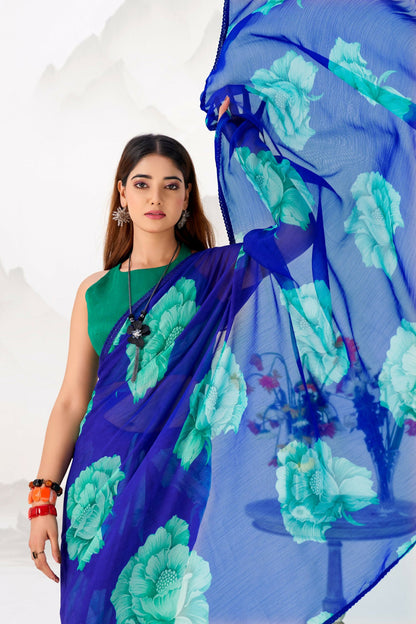 Vastranavya Royal Blue Floral Print with Lace Border work Chiffon Saree & Unstitched Blouse