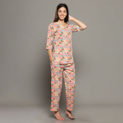 Breathables Women Cotton Printed Loungewear Kurta And Pants Co-Ord Set Peach I Night Wear | Floral Print