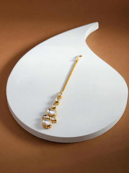 Gold-Polished White Kundan-Studded Maangtikka - Ruby Raang
