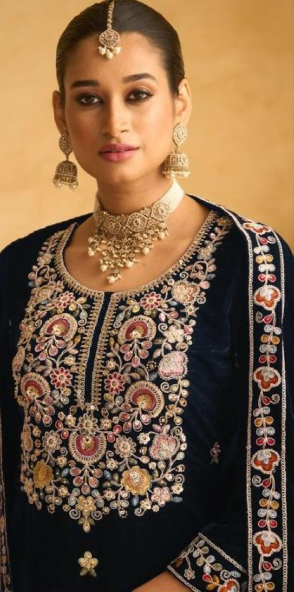 Anaita Dark Blue Embroidered with Beads Velvet Stitched Plazo Suit