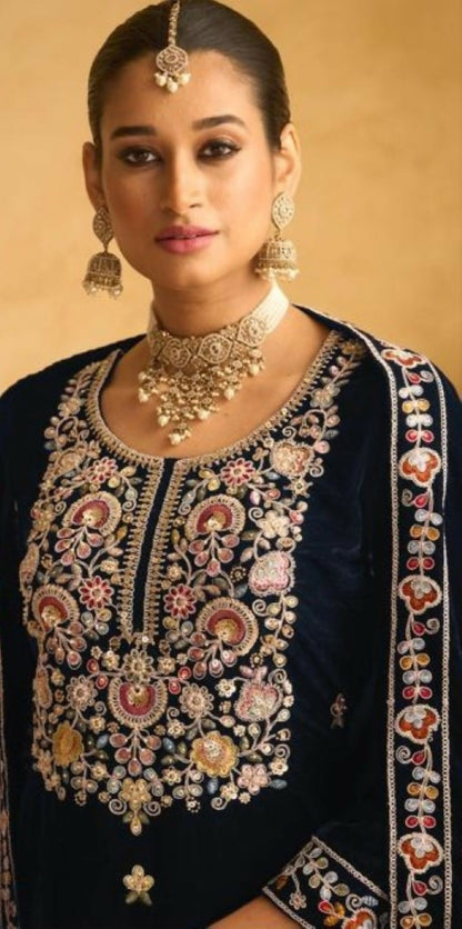 Anaita Dark Blue Embroidered with Beads Velvet Stitched Plazo Suit