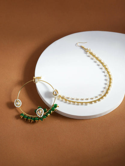 Gold-Polished White Green Kundan-Studded Pearl Beaded Nosepin - Ruby Raang