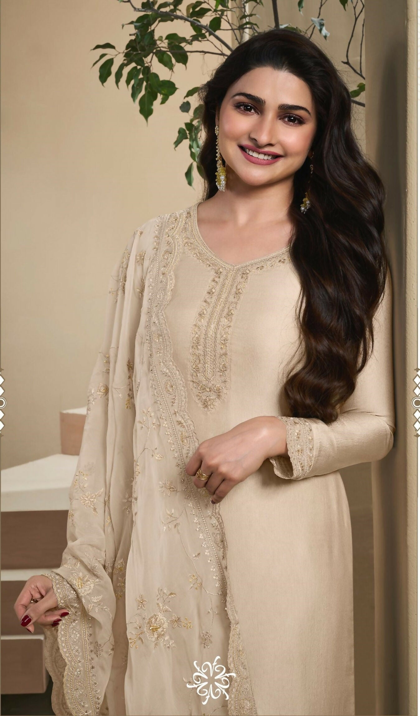 Anaita Beige Heavy Natural Crepe Stitched Suit with Embroidery & Zarkhan Work