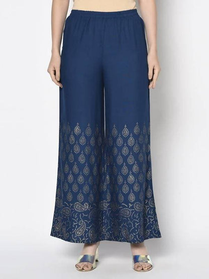 Aniyah Rayon Blue Color Gold Print Flared Slip-On Palazzo (AN-209K)