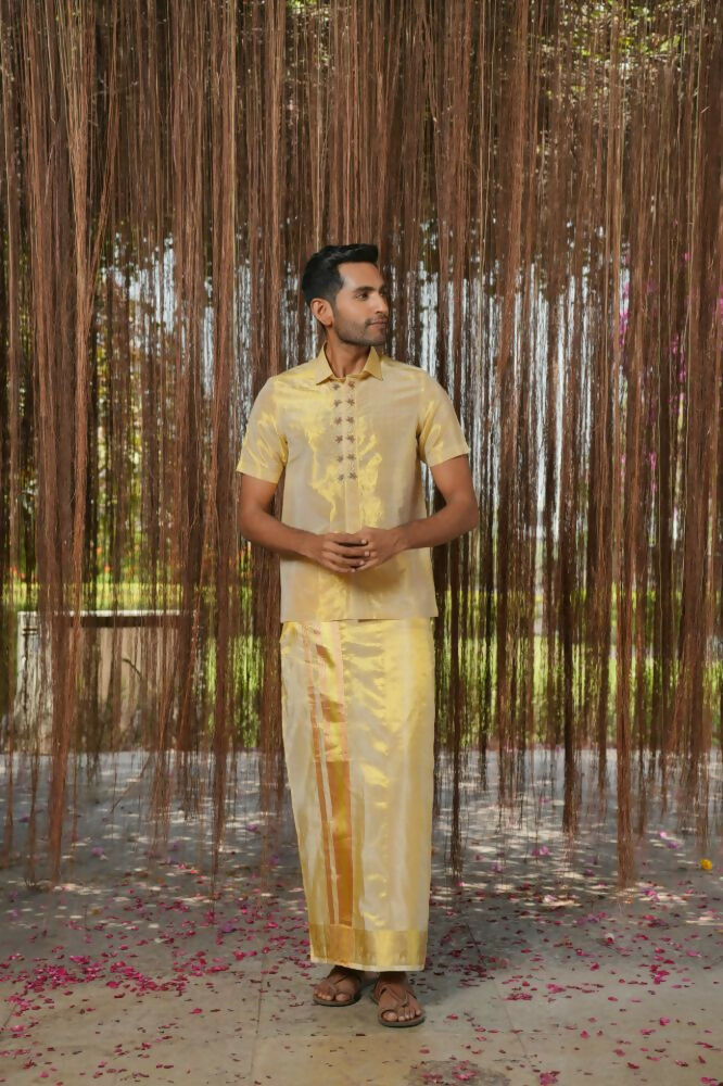 Gold Tissu Kanjivaram Machien Embroidered Pattu Set by Hilo Design