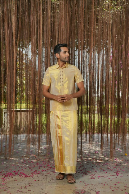 Gold Tissu Kanjivaram Machien Embroidered Pattu Set by Hilo Design