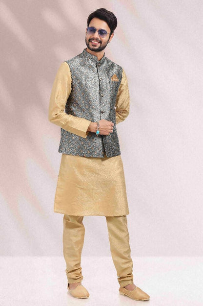 Raivat Ethnic Jacquard Banarasi Silk Woven Work 3 Pics Jacket Set In Grey Colour