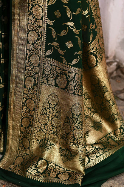 Joban Fashion Emerald Green Crepe Chiffon Pure Handloom Banarasi Silk Saree