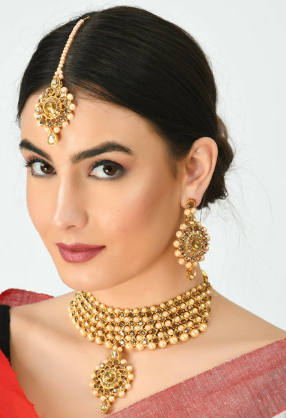 Mominos Fashion Johar Kamal Gold-Polished Brass Finish Kundan/Stone Choker For Women (Golden)