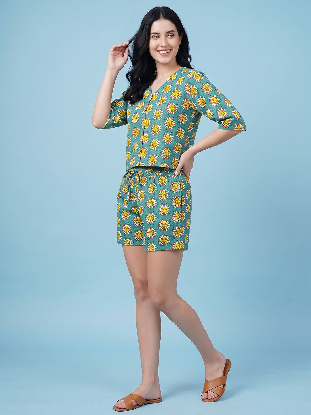 Breathables Woven Cotton Half Sleeves Sun Shorts Set Blue