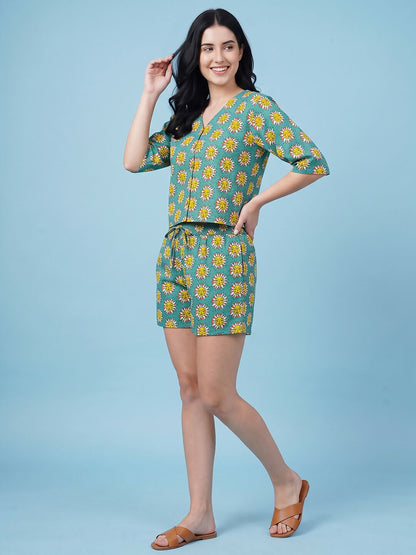 Breathables Woven Cotton Half Sleeves Sun Shorts Set Blue