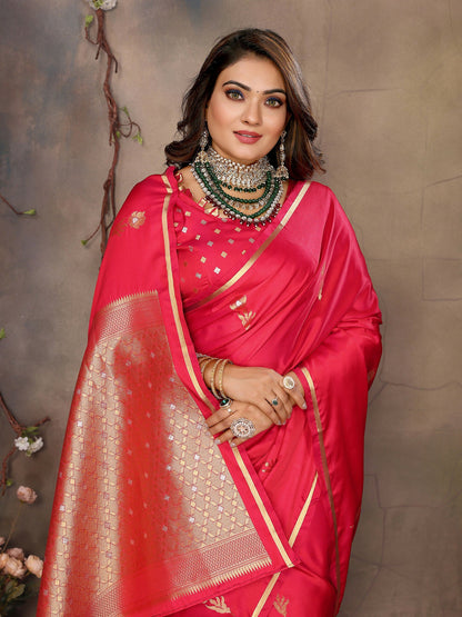 Joban Fashion  Brick Red Floral & Botanical Motifs Satin Silk Banarasi Silk Saree