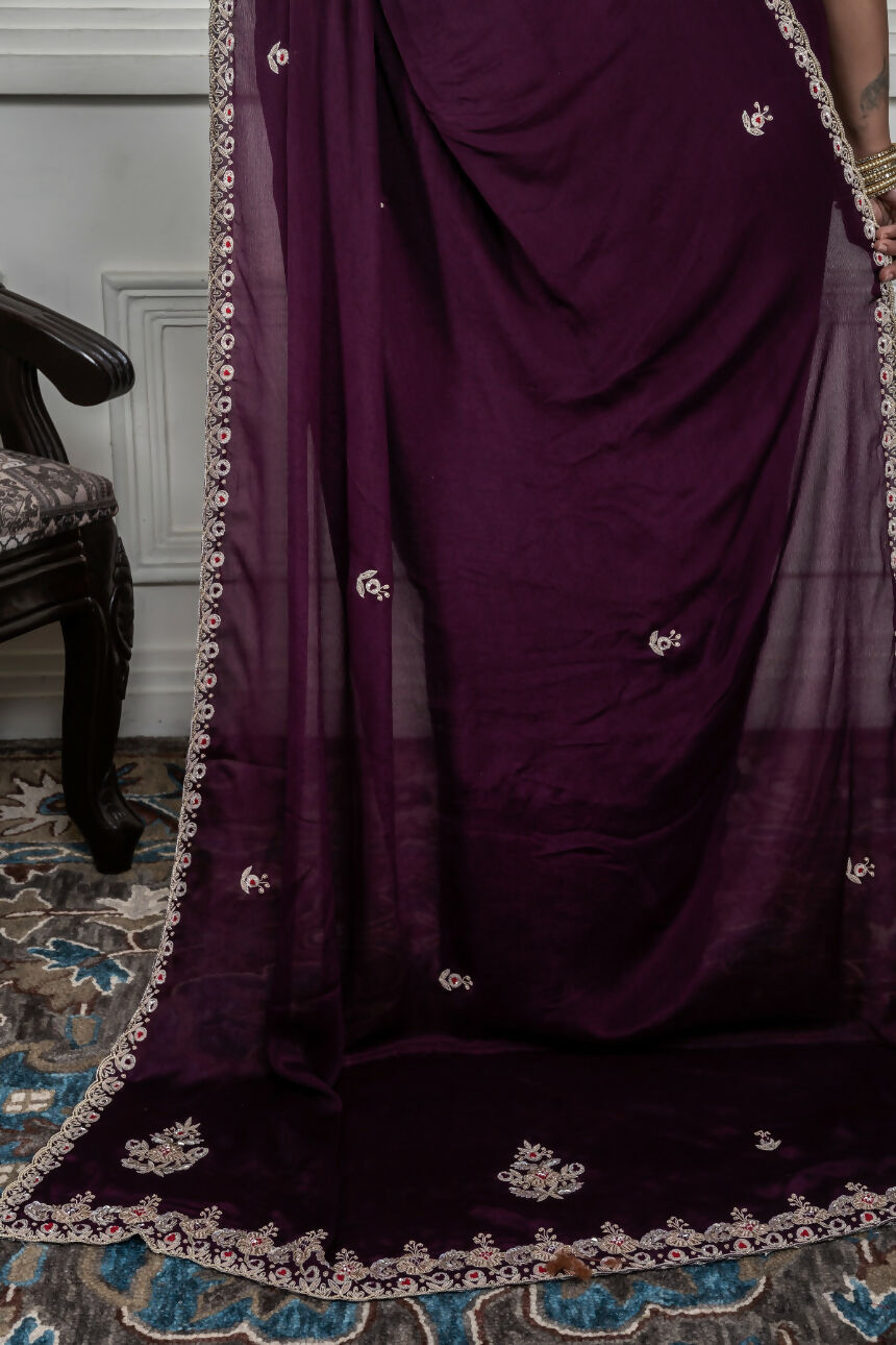 Morchari Wine Chiffon Hand Embroidery Saree And Stitched Blouse