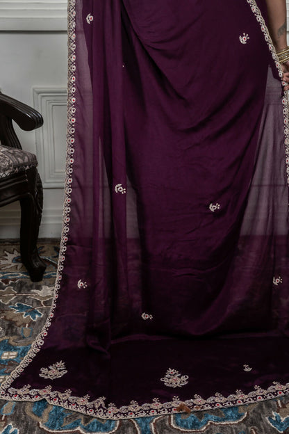 Morchari Wine Chiffon Hand Embroidery Saree And Stitched Blouse