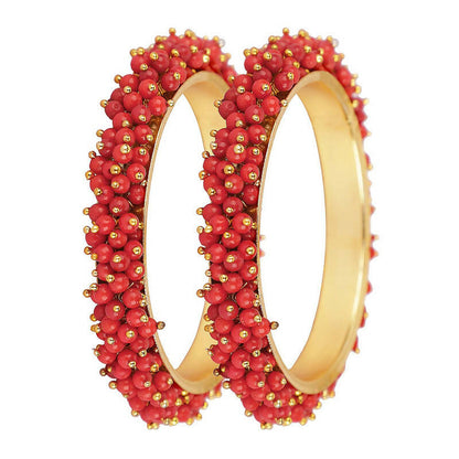 Mominos Fashion Joharkamal Gold-Polished Red Beads Work Bangles