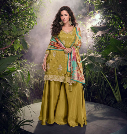 Anaita Mustard Embroidered Shimmer Stitched Plazo suit