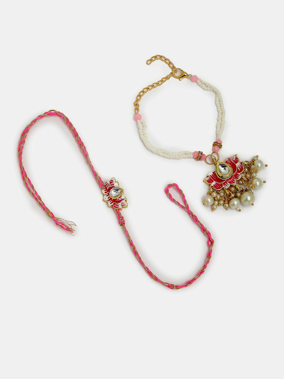 NVR Women & Men Set of 2 Pink Lotus Shape Kundan-Studded & Beaded Wraparound Rakhi Set With Roli Chawal & Chocolate