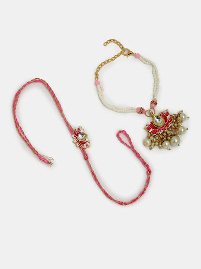 NVR Women & Men Set of 2 Pink Lotus Shape Kundan-Studded & Beaded Wraparound Rakhi Set With Roli Chawal & Chocolate
