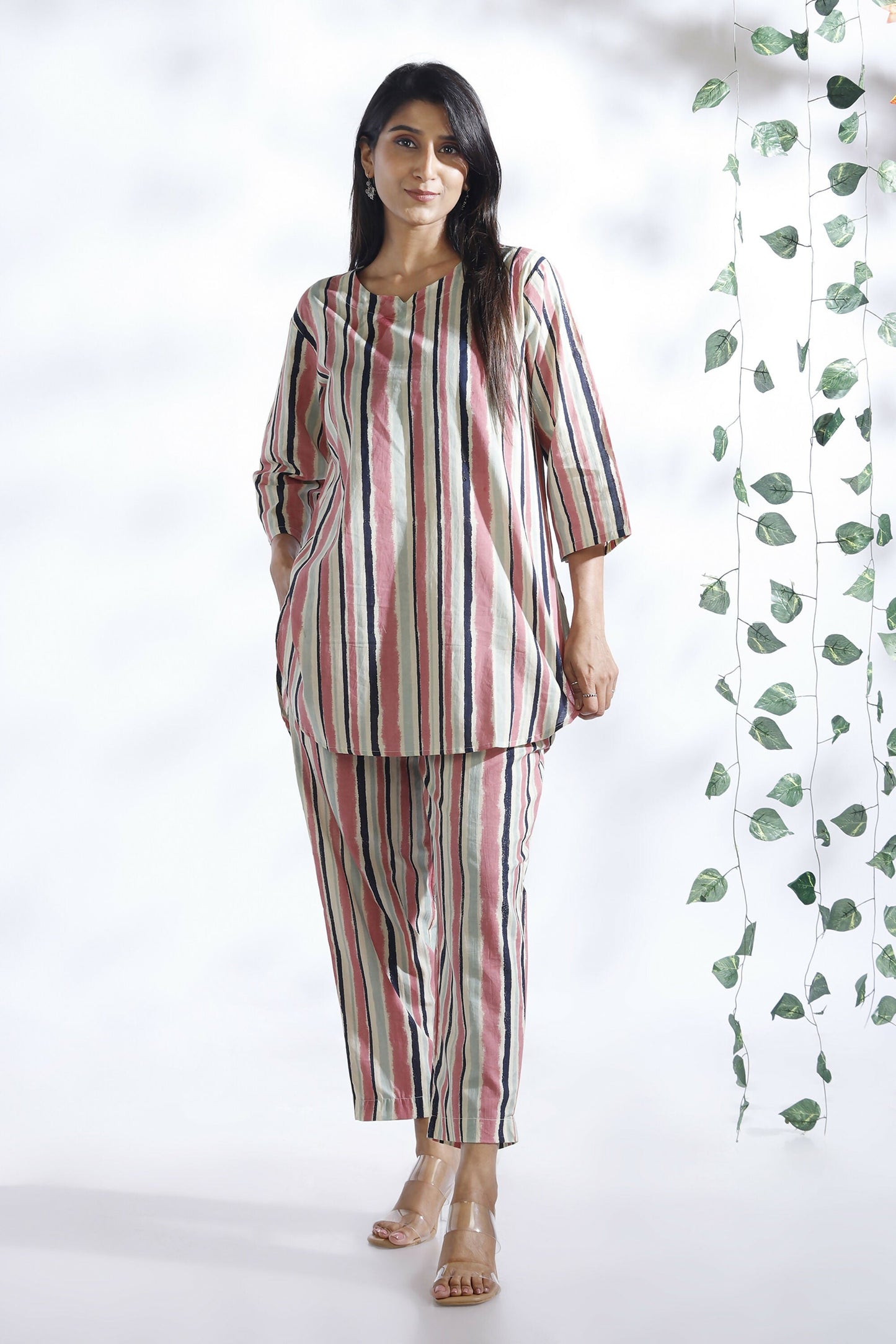 Breathables Women’S Pink Cotton Stripes Loungewear Co-Ord Set