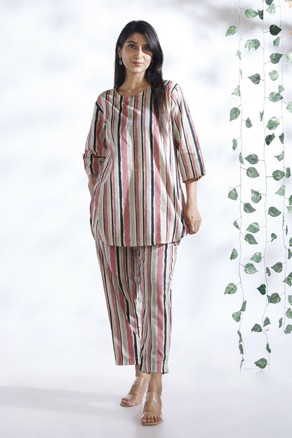 Breathables Women’S Pink Cotton Stripes Loungewear Co-Ord Set