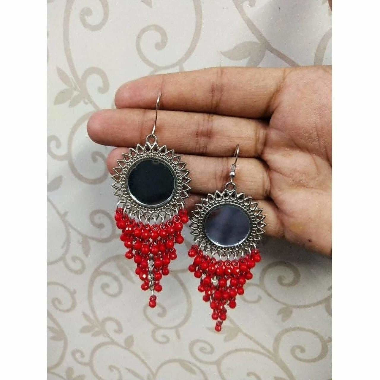 MS Fashion India Red Color Jhalar Long Drop Party Beads Sun Design Earrings
