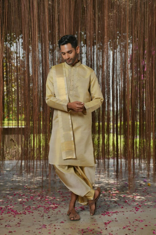 Olive Kanjivaram Machien Embroidered Pattu Set by Hilo Design