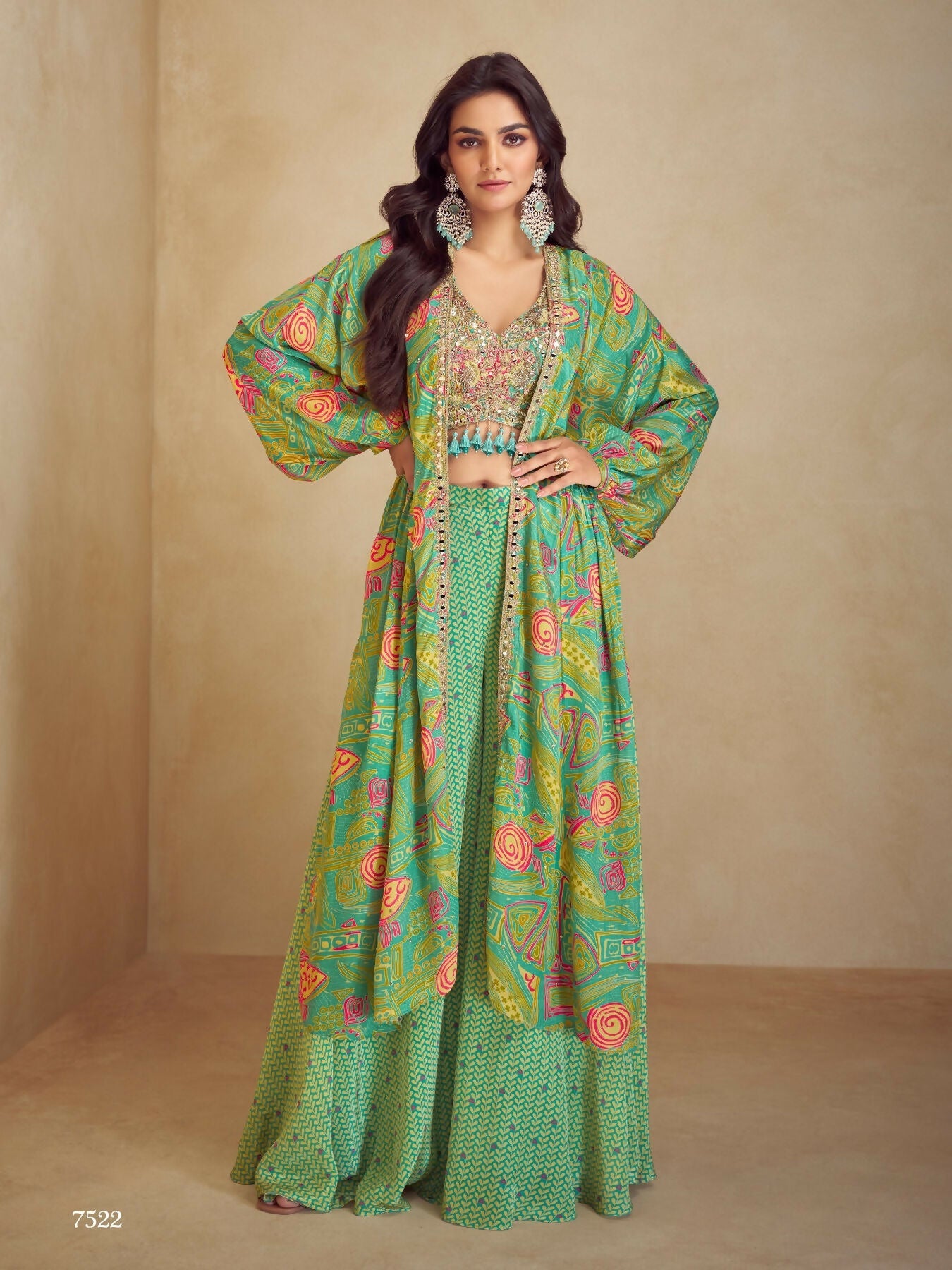 Anaita Green Real Chinon Stitched 3 Piece Suit with Printed & Embroidery hand work