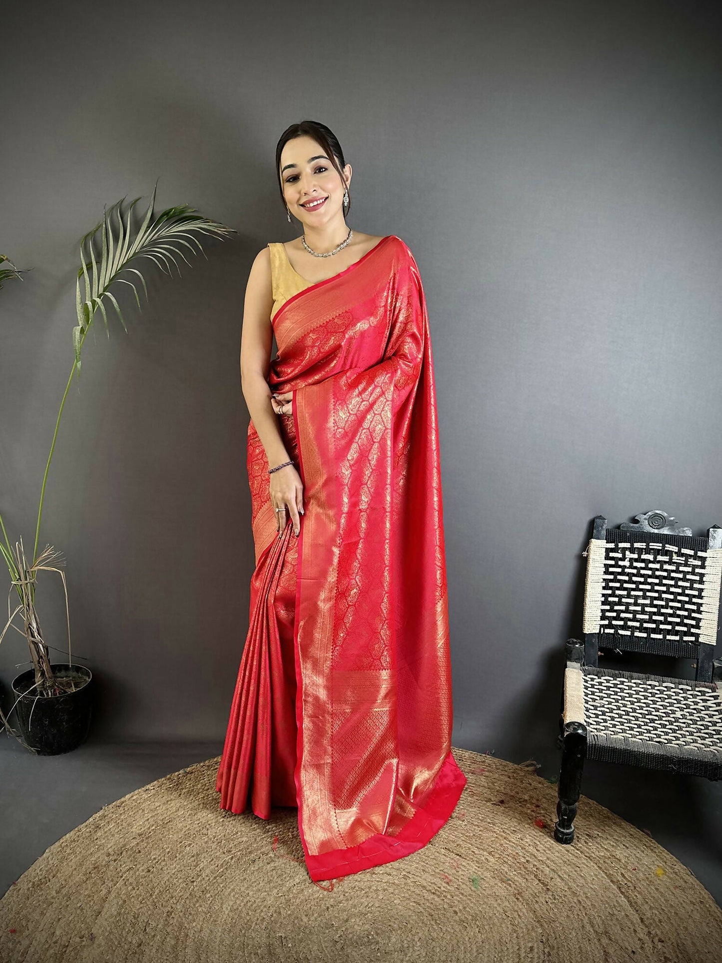 Joban Fashion Red Paisley & Floral Soft Satin Silk Banarasi Silk Saree