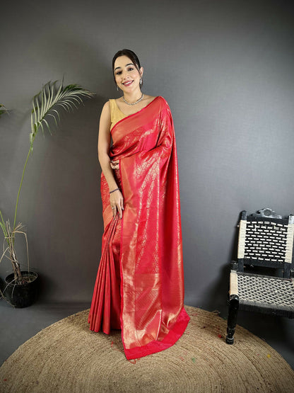 Joban Fashion Red Paisley & Floral Soft Satin Silk Banarasi Silk Saree