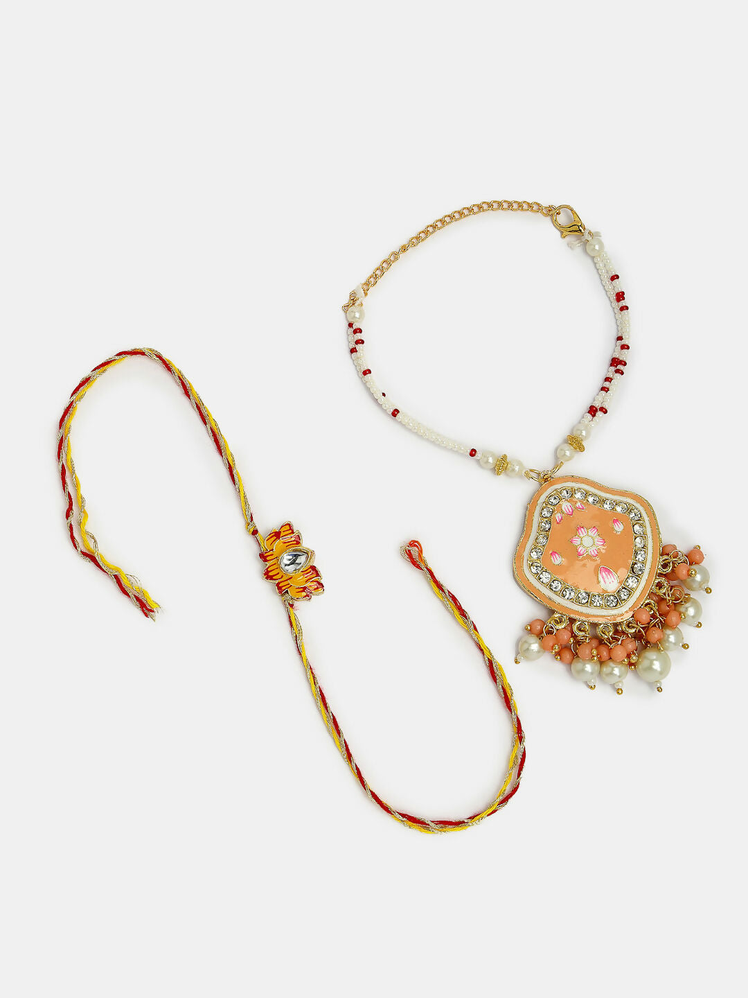 NVR Women & Men Set of 2 Peach Lotus Shape Kundan Stone-Studded & Beaded Bhaiya Bhabhi Rakhi With Roli Chawal & Chocolate