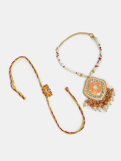 NVR Women & Men Set of 2 Peach Lotus Shape Kundan Stone-Studded & Beaded Bhaiya Bhabhi Rakhi With Roli Chawal & Chocolate