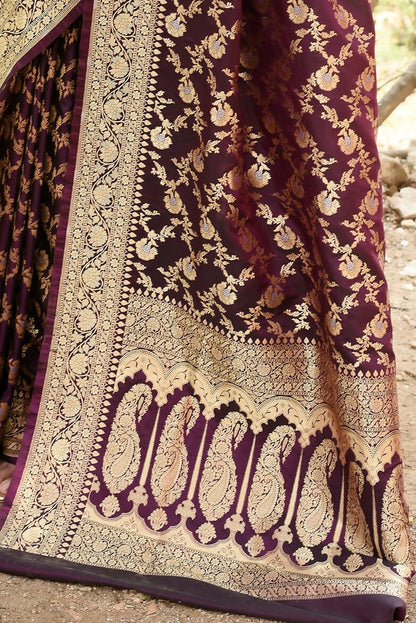 Joban Fashion Plum Purple Banarasi Soft Pure Handloom Banarasi Silk Saree