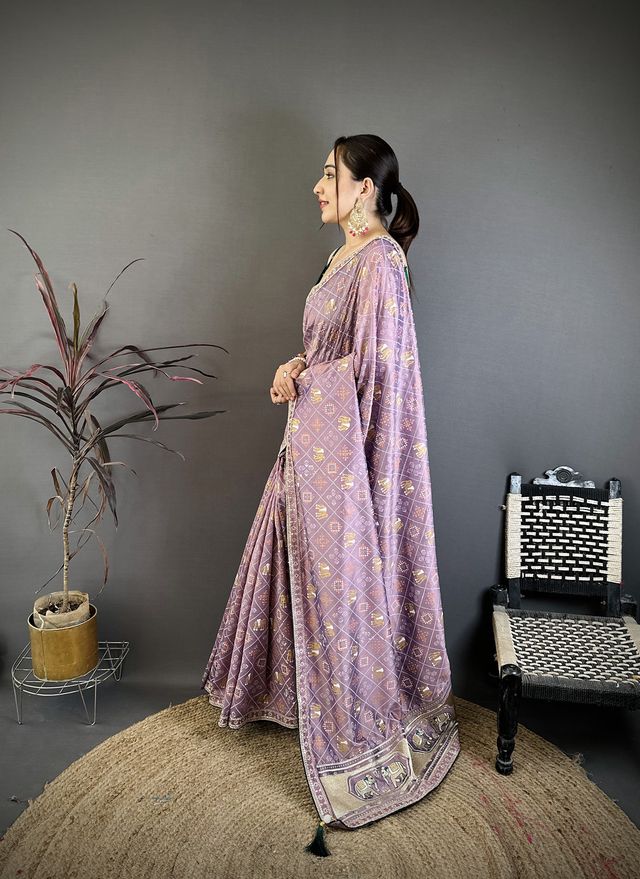 Elora Lavender Vichitra Silk Animal Motifs Foil Print Sequence Embroidery Work Bandhani Saree