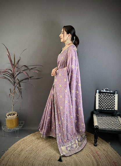 Elora Lavender Vichitra Silk Animal Motifs Foil Print Sequence Embroidery Work Bandhani Saree