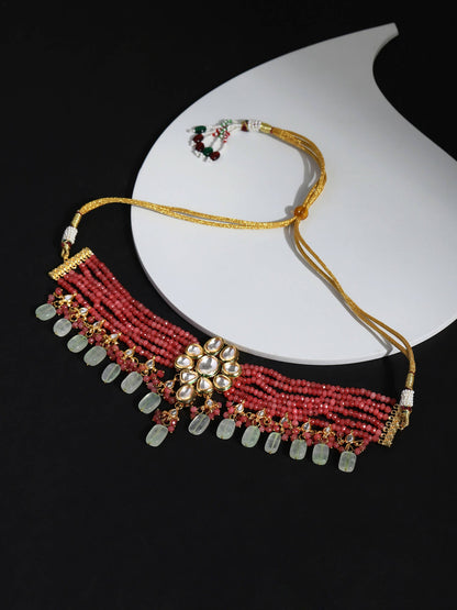 Pink White Brass Gold-Polished Necklace - Ruby Raang