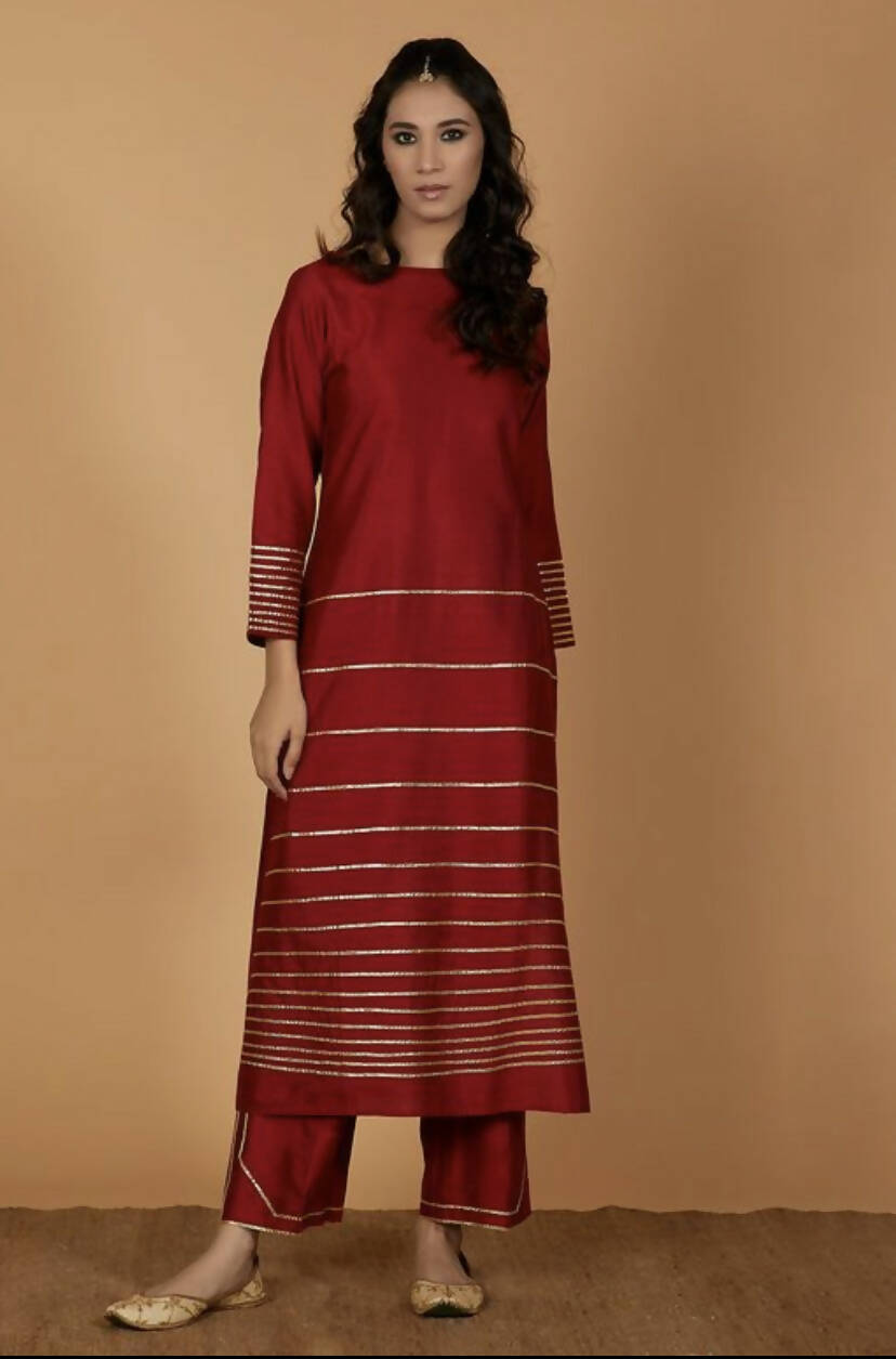 Cheera Women's Silk Blend Fancy Maroon Kurta Palazzo Set
