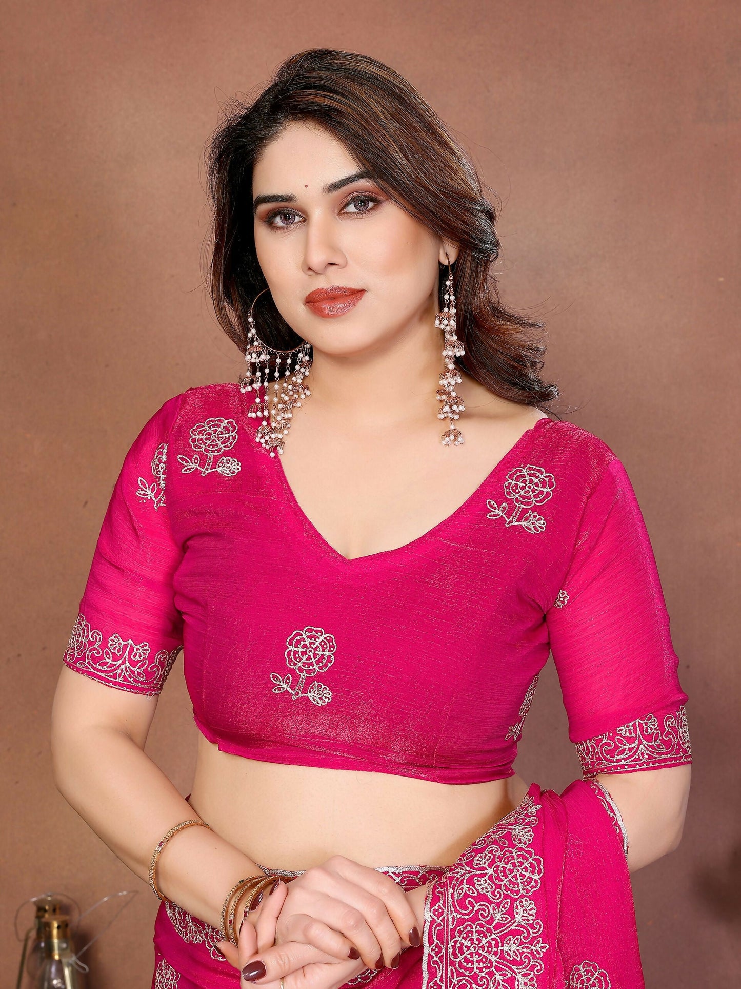 Teeya Creation New Trendy Party Wear Soft Satin Chiffon Saree-Pink