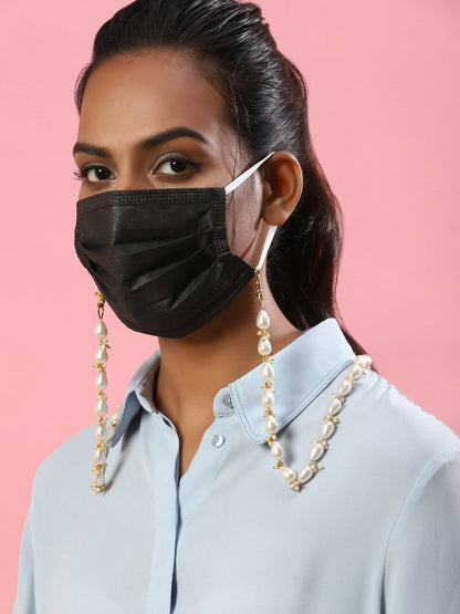 Gold-Toned White Embellished Mask Chain - Ruby Raang