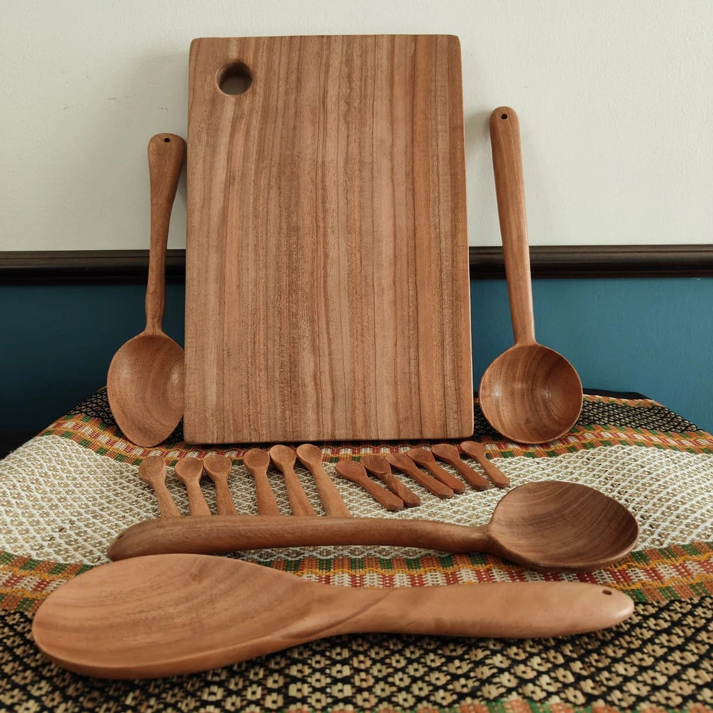 Zishta Neem Wood Kitchen Set Chopping Board Ladles Spice Masala Spoons Combo