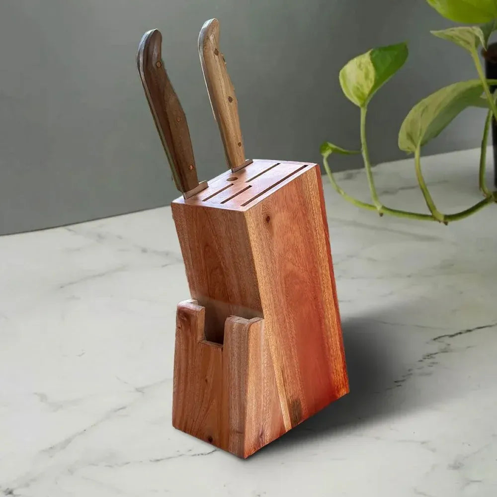 Zishta Neem Wood Knife Holder Holds 6 Knives with Grater Space