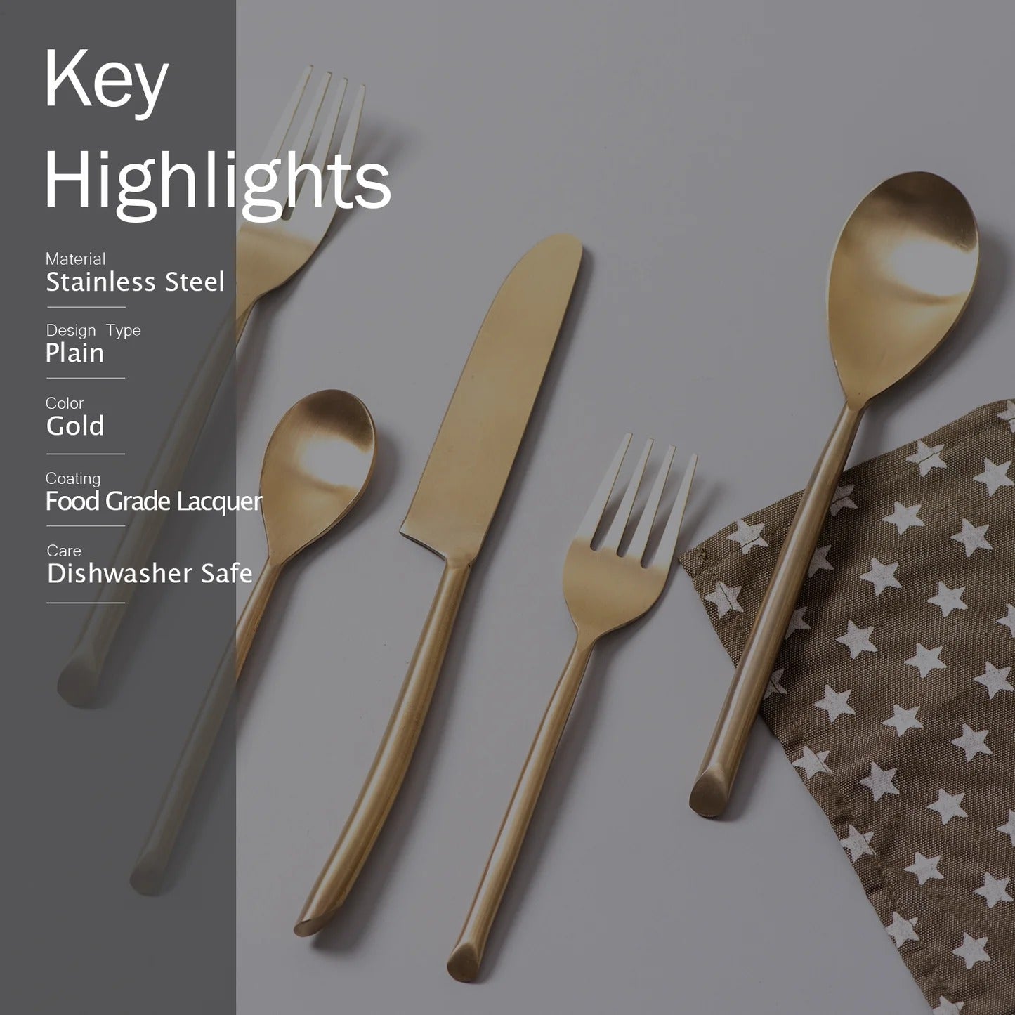 Nestroots Gold Dipped Flatware Set of 5 Premium Stainless Steel