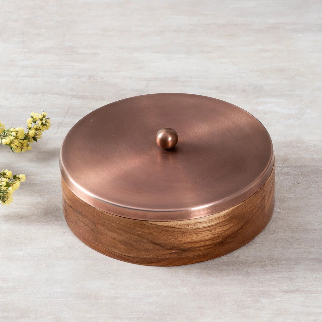 Nestroots Classic Acacia Wood Masala Box with Wooden Jars and Copper Lid