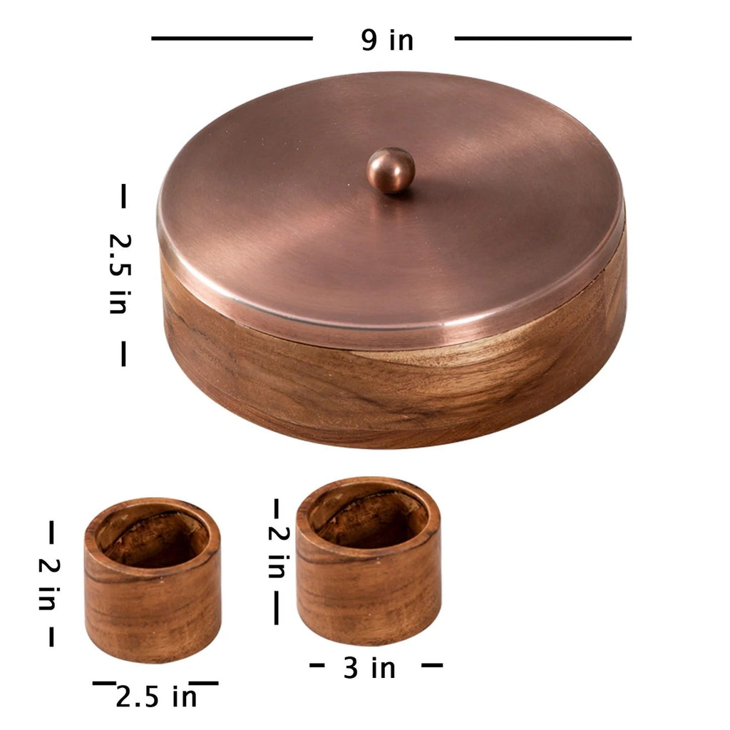 Nestroots Classic Acacia Wood Masala Box with Wooden Jars and Copper Lid