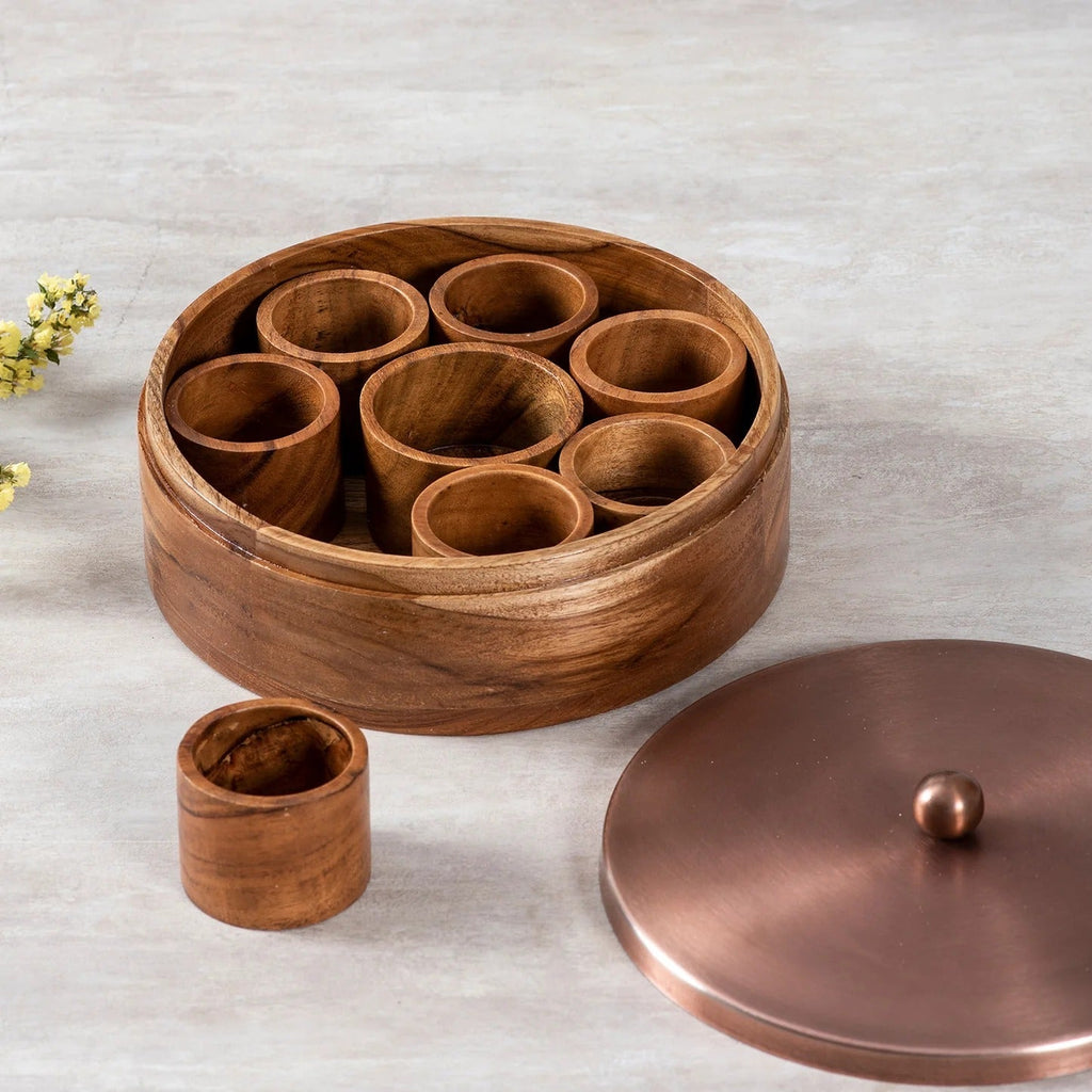 Nestroots Classic Acacia Wood Masala Box Copper Lid with 7 Stainless Steel Jars